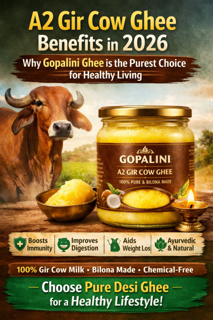A2 Gir Cow Ghee Benefits in 2026 – Why Gopalini Ghee is the Purest Choice for Healthy Living A2 Gir Cow Ghee benefits in 2026 showing Gopalini Ghee jar with Gir cow, pure bilona made desi ghee for immunity and digestion