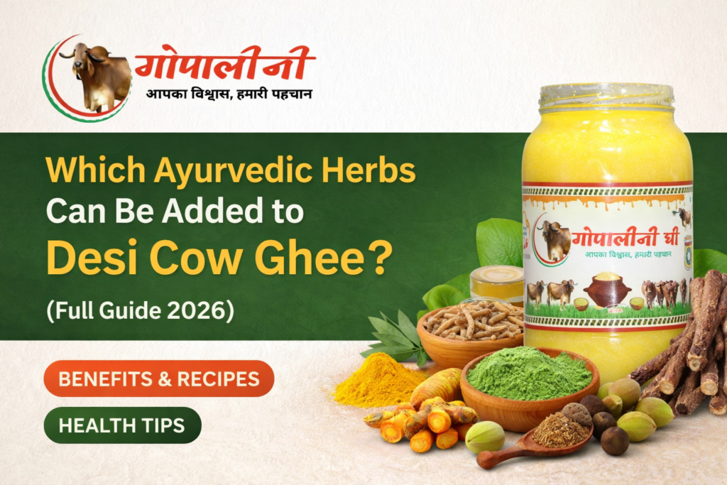 Desi Gay na Ghee ma Ayurvedic Aushadhi Shu Add Kari Shakai? (Complete Guide 2026) Desi Cow Ghee with Ayurvedic Herbs Benefits Gopalini Ghee A2 Ghee India
